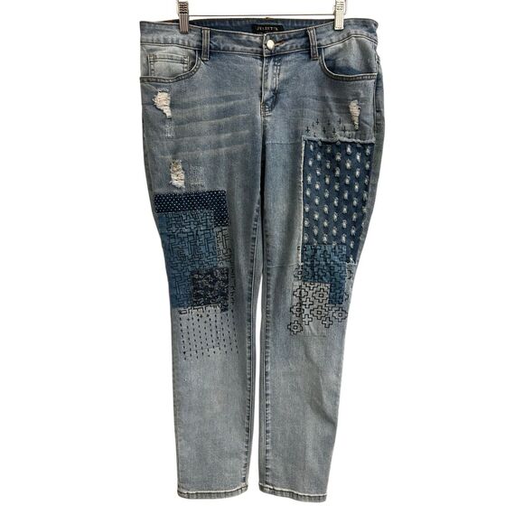 Y2K Juliette patchwork slim boyfriend distressed jeans size 10 - Picture 1 of 9